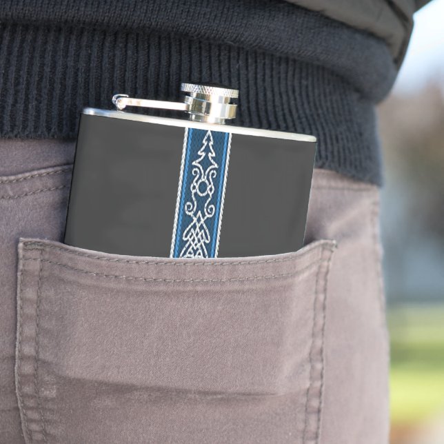 Viking Pattern Blue Hip Flask (In Situ)