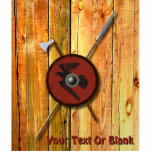 Viking Raven Shield And Weapons Photo Sculpture Magnet<br><div class="desc">A 3D rendering of a Viking shield along with a battle axe and spear hanging on a rough wooden plank surface, perhaps the interior wall of a longhouse. The shield is decorated with a black raven (Corvus corax) painted on red leather. Add your own text. The methods and materials used...</div>