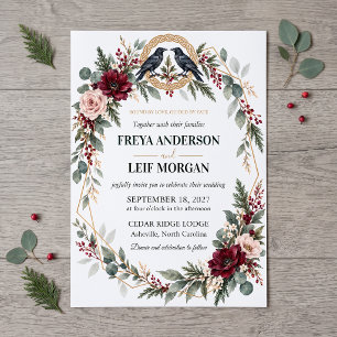 Viking Ravens Burgundy Floral Wedding Invitation