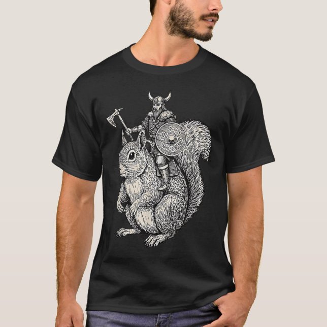 Viking Riding Squirrel Funny Warrior Art  T-Shirt (Front)