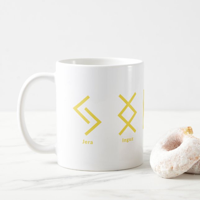 Viking Runes Norse Mythology Yellow Geometric Coffee Mug (With Donut)