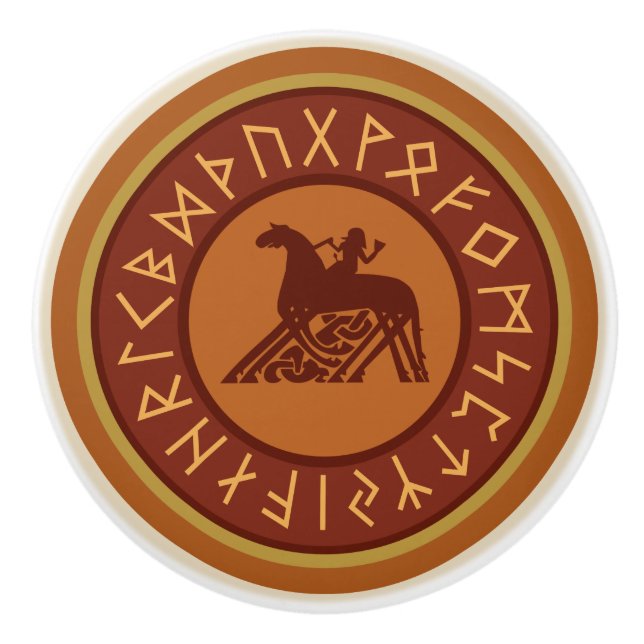 Viking Runes, Odin and Sleipnir Illustration Ceramic Knob (Front)