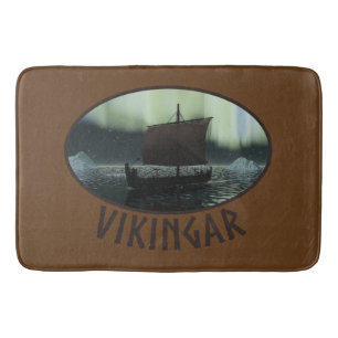 Viking Ship And Northern Lights Bath Mat