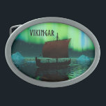 Viking Ship And Northern Lights Belt Buckle<br><div class="desc">A slightly stylised image of a Viking longship sailing at night under the Northern Lights there a couple of icebergs; most of the crew is asleep. Text reading "VIKINGAR" (Vikings) also appears.</div>