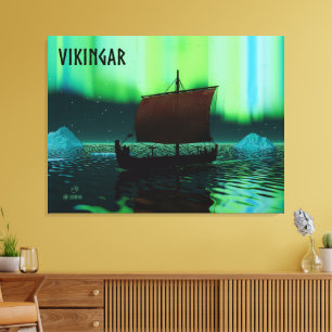 Viking Ship And Northern Lights Canvas Print