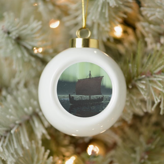 Viking Ship And Northern Lights Ceramic Ball Christmas Ornament (Tree)