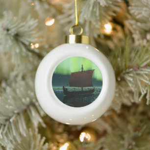 Viking Ship And Northern Lights Ceramic Ball Christmas Ornament