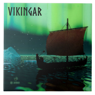 Viking Ship And Northern Lights Ceramic Tile