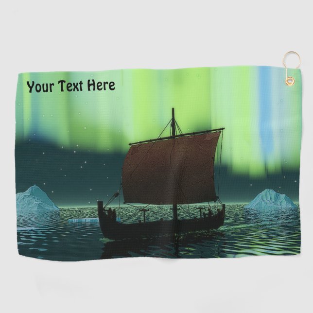 Viking Ship And Northern Lights Golf Towel (Horizontal)