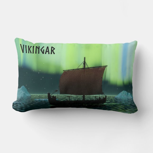Viking Ship And Northern Lights Lumbar Cushion (Front)