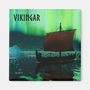 Viking Ship And Northern Lights Magnet