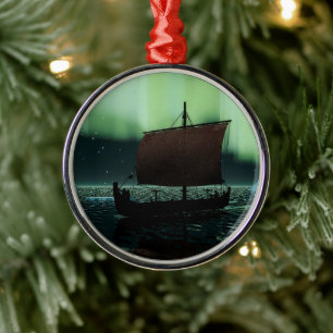 Viking Ship And Northern Lights Metal Ornament