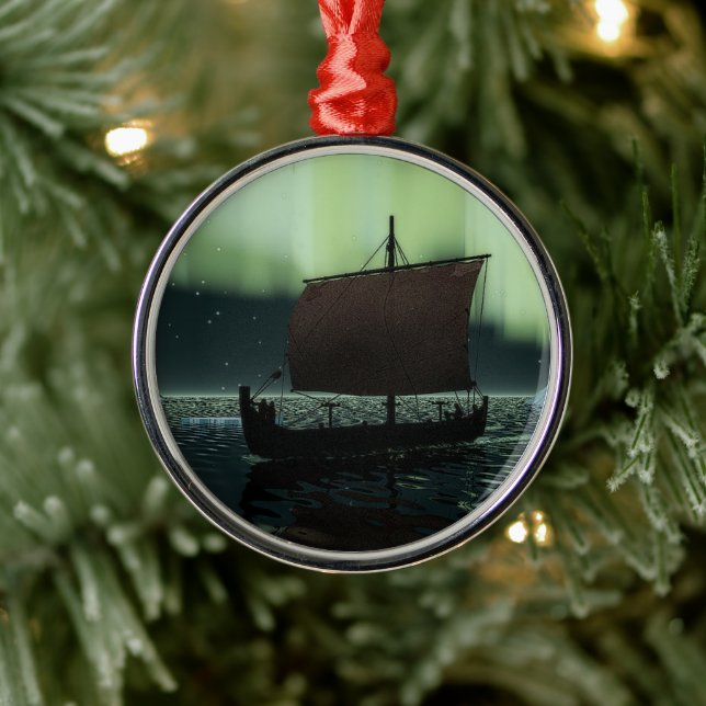 Viking Ship And Northern Lights Metal Ornament (Tree)