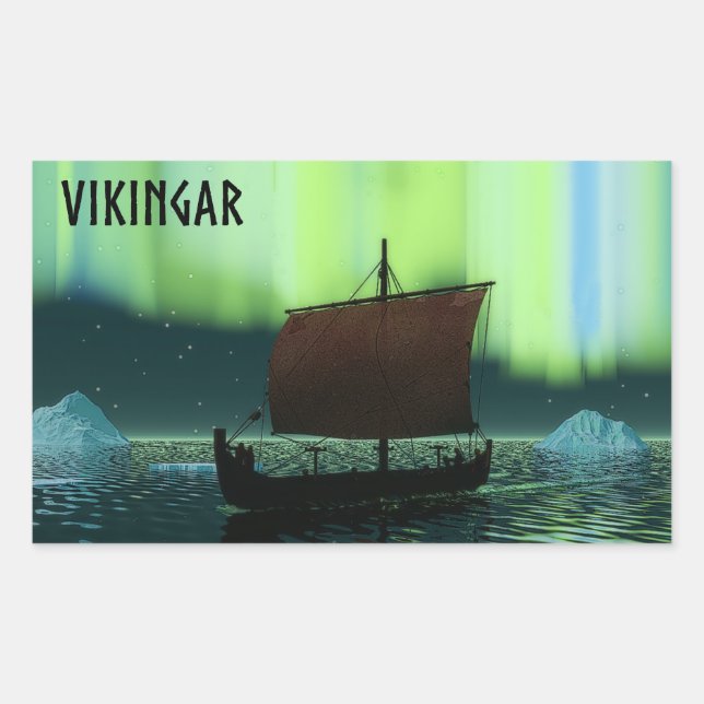Viking Ship And Northern Lights Rectangular Sticker (Front)
