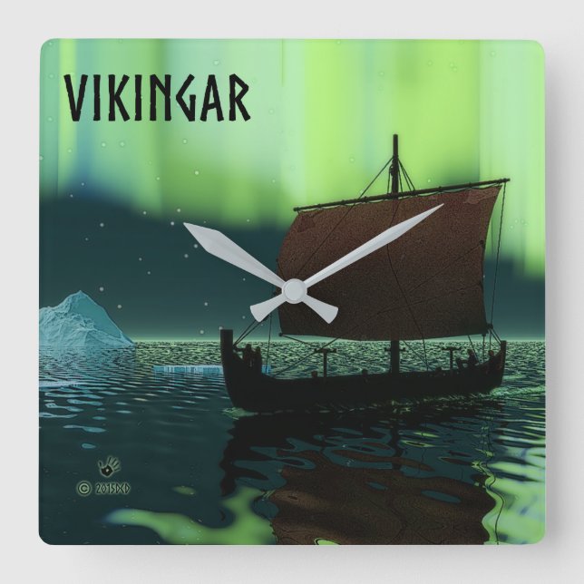 Viking Ship And Northern Lights Square Wall Clock (Front)