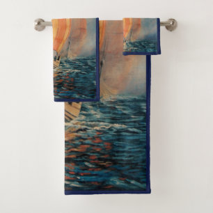 Viking ship/long boat in sail on ocean-blue trim bath towel set