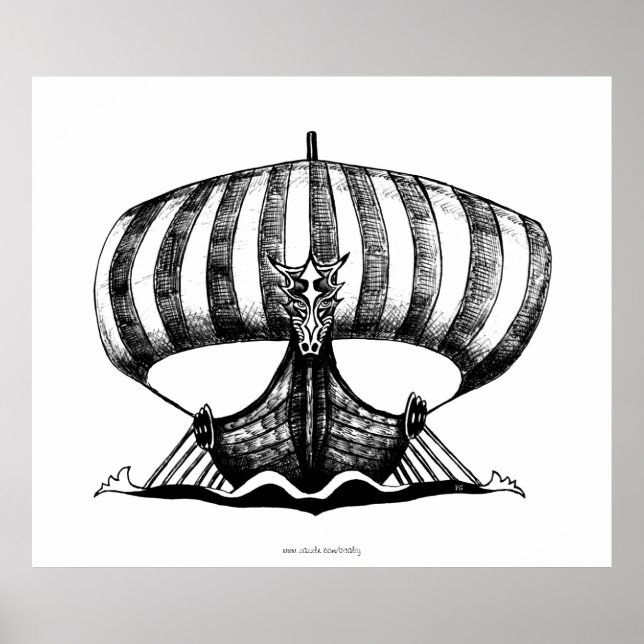 Viking ship pen ink drawing art poster (Front)