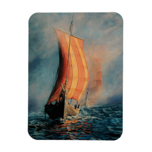 Viking ship sailing on Sea/Ocean in fog, long boat Magnet