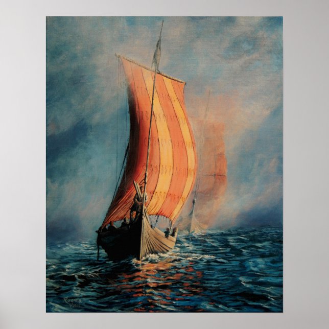 Viking ship sailing on Sea/Ocean in fog, long boat Poster (Front)
