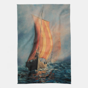 Viking ship sailing on Sea/Ocean in fog, long boat Tea Towel