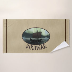 Viking Ship Under Northern Lights Bath Towel