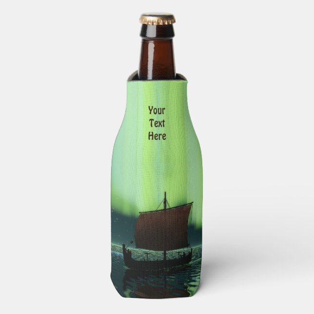 Viking Ship Under Northern Lights Bottle Cooler (Bottle Front)