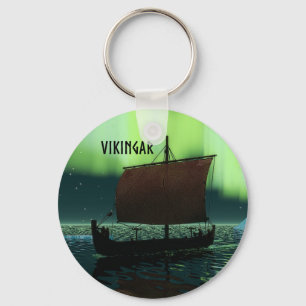 Viking Ship Under Northern Lights Key Ring