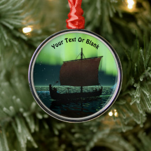 Viking Ship Under Northern Lights Metal Ornament