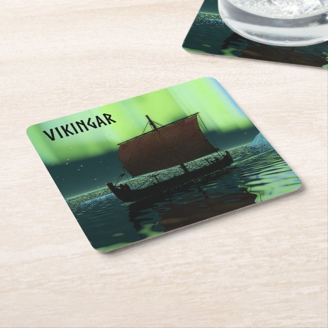 Viking Ship Under Northern Lights Square Paper Coaster (Angled)