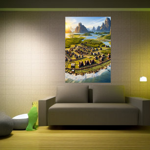 Viking village, water and ocean AI Art Poster