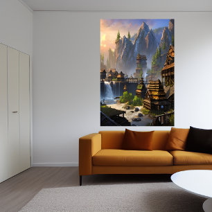 Viking village waterfall and mountain   AI Art   Poster