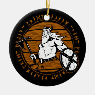 Viking Warrior Helmet Shield Runes Christmas Ceramic Ornament