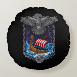 Viking Warrior Ship Raven Round Cushion