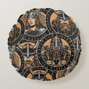 Viking Warriors: Colorful Vintage Pattern Round Cushion
