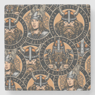 Viking Warriors: Colorful Vintage Pattern Stone Coaster