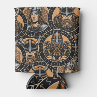 Viking Warriors: Colourful Vintage Pattern Can Cooler