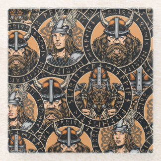 Viking Warriors: Colourful Vintage Pattern Glass Coaster