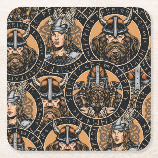 Viking Warriors: Colourful Vintage Pattern Square Paper Coaster