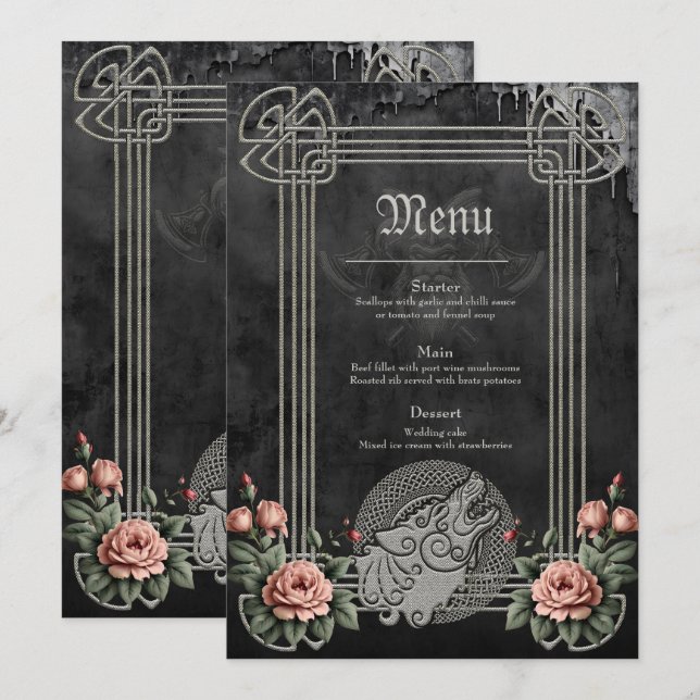 Viking Wolf & Roses. A stylised wolf's head Menu (Front/Back)