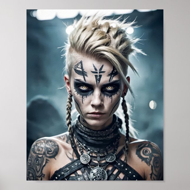 Viking worrior woman with rune tattoo and war sign (Front)