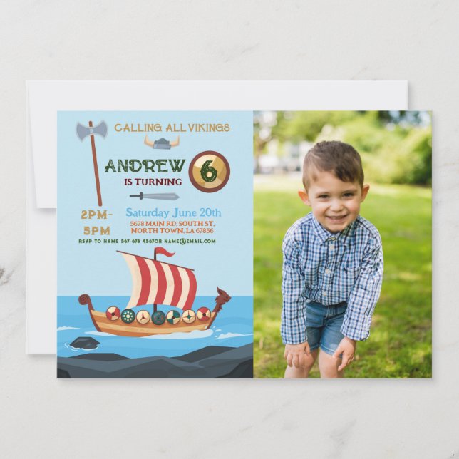 Vikings Birthday Boat Warrior Ax Photos Invitation (Front)