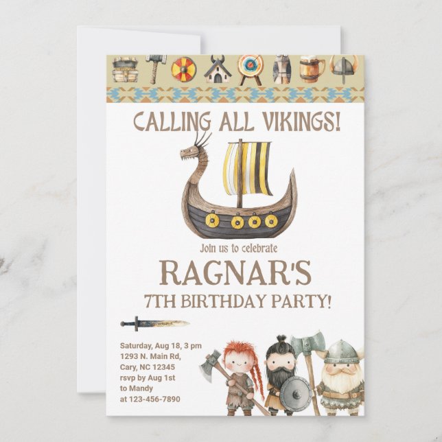 Vikings, calling all Vikings boy birthday invite. Invitation (Front)
