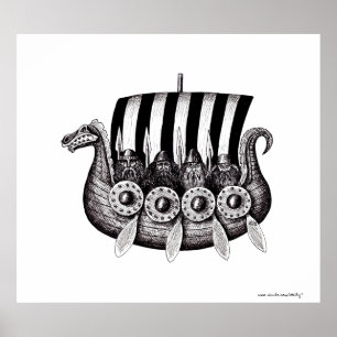 Vikings in Drekar black and white pen ink drawing Poster