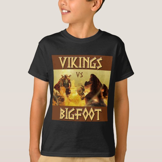 VIKINGS vs. BIGFOOT - Funny Fantasy Mashup T-Shirt (Front)
