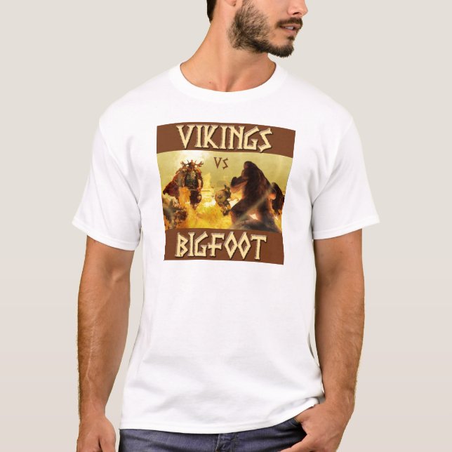 VIKINGS vs. BIGFOOT - Funny Fantasy Mashup T-Shirt (Front)
