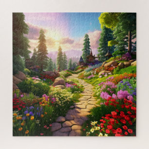 Village Beautiful Green Colourful Girly Spring Jigsaw Puzzle