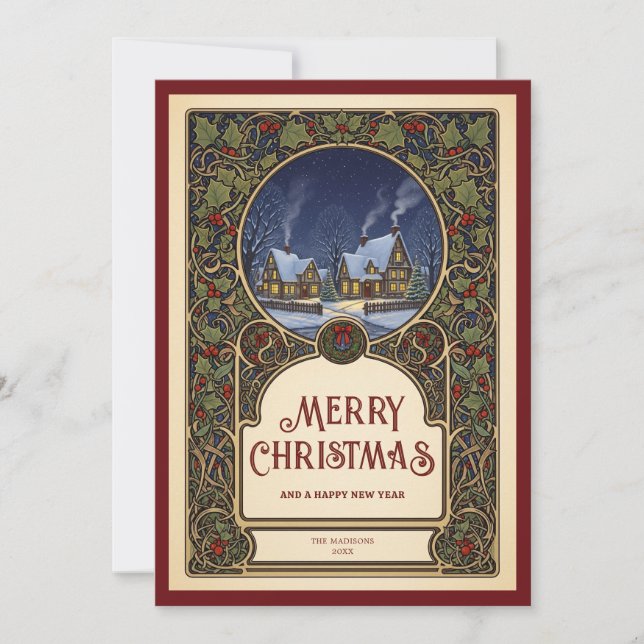 Village Christmas Art Nouveau Vintage Photo Holiday Card (Front)