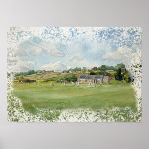 Village Cricket Under Yorkshire Skies Watercolour Poster