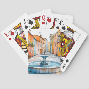 Village Fountain Illustration Colour Drawing Playing Cards