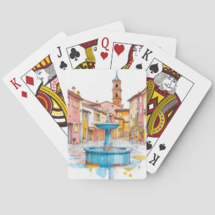 Village Fountain Illustration Colour Drawing Playing Cards